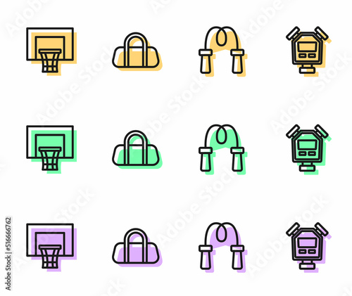 Set line Jump rope, Basketball backboard, Sport bag and Stopwatch icon. Vector