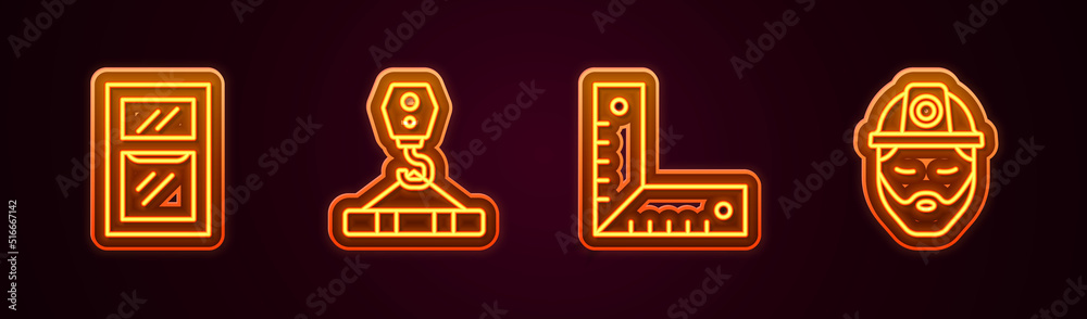 Set line Window in room, Crane hook, Corner ruler and Builder. Glowing neon icon. Vector Set line Window in room, Crane hook, Corner ruler and Builder. Glowing neon icon. Vector