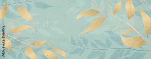 Luxury abstract art background with tree leaves in blue and gold. Botanical banner for decoration design, print, interior design, wallpaper.