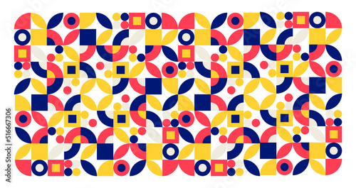 Abstract geometric design with the arrangement of squares and circles in dark blue, red, light brown, and yellow. 