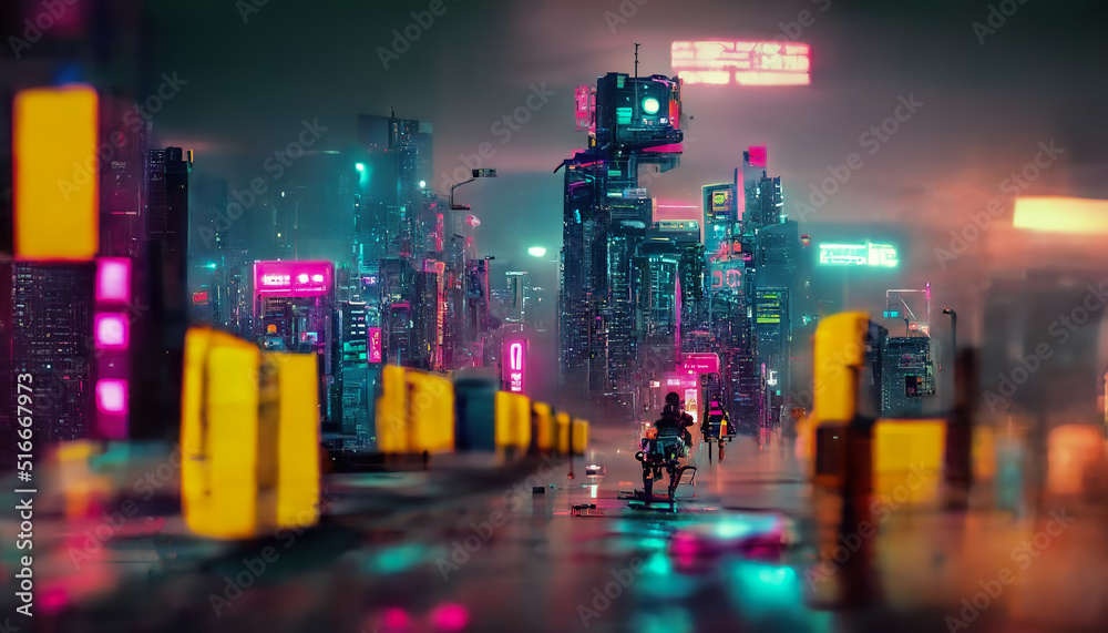 Cyberpunk city street, night view, futuristic city, neon lights. Night street scene, retro future. 3D illustration.