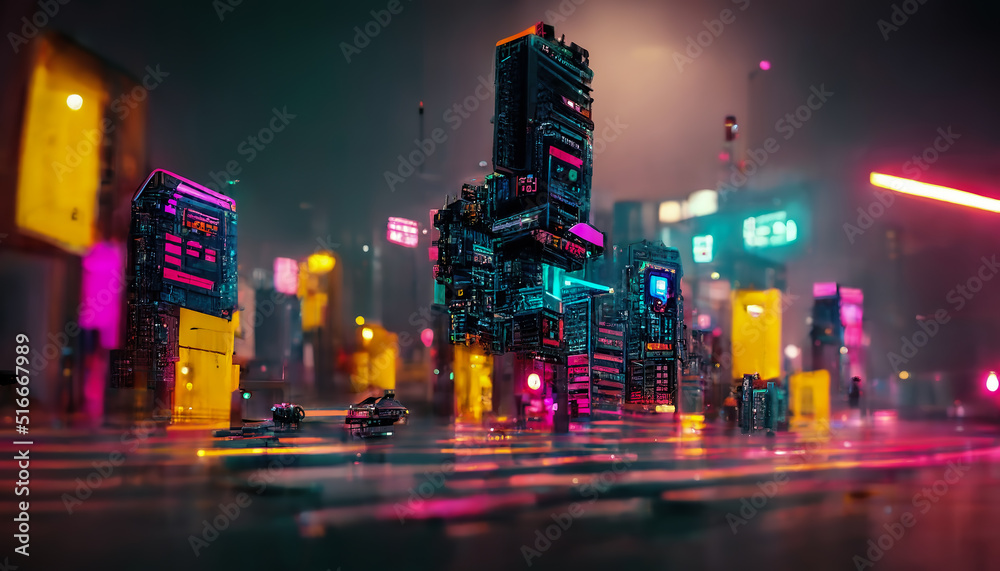 Cyberpunk city street, night view, futuristic city, neon lights. Night