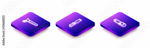 Set Isometric line Hand saw, Chisel tool and Chainsaw icon. Vector
