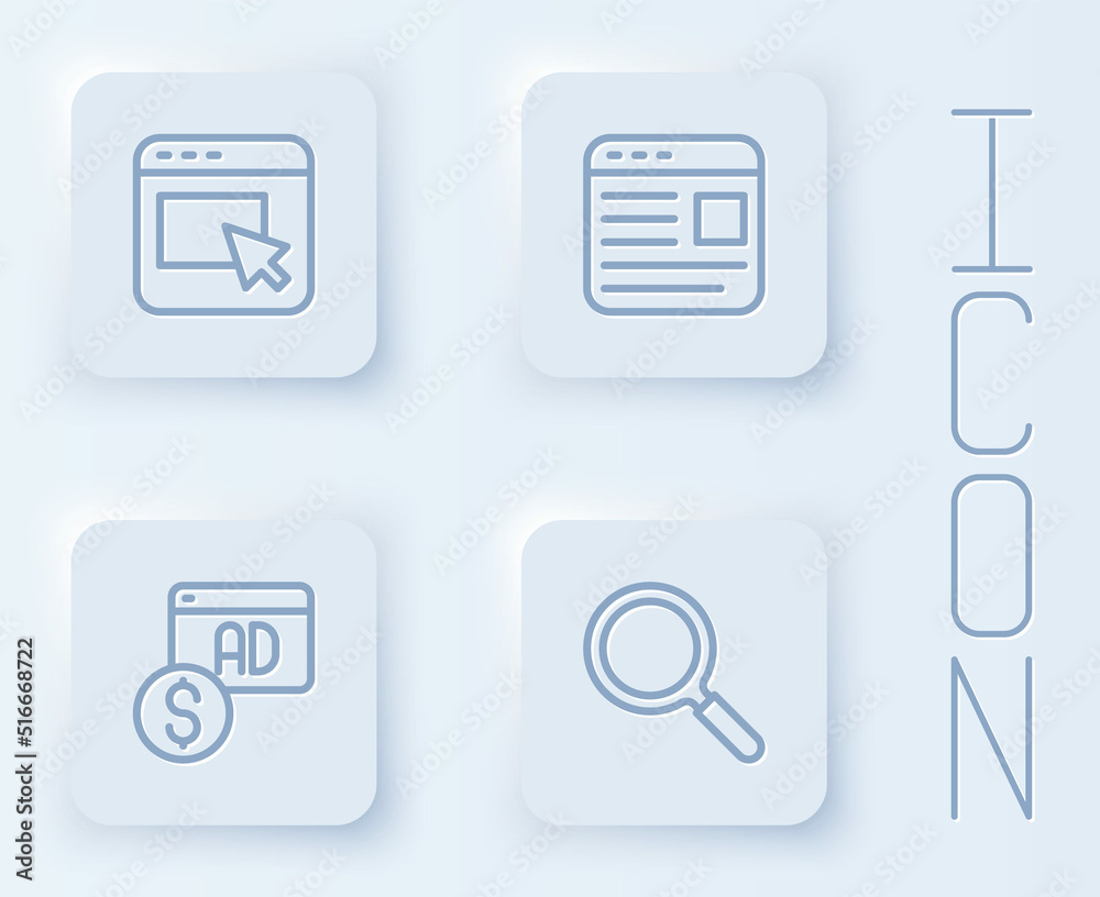 Set line Advertising, and Magnifying glass. White square button. Vector Set line Advertising, and Magnifying glass. White square button. Vector