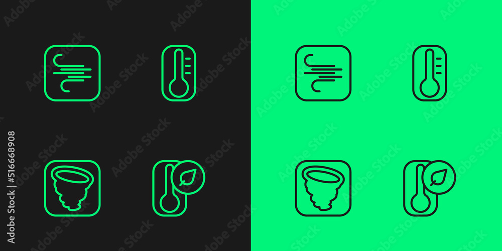 Set line Thermometer, Tornado, Wind and icon. Vector Set line Thermometer, Tornado, Wind and icon. Vector