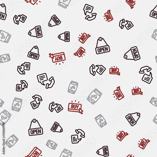 Set line Telephone 24 hours support, Hanging sign with text Open, Mobile shopping and Buy button on seamless pattern. Vector