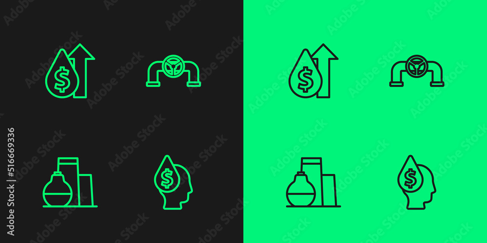 Set line Oil drop with dollar symbol, tank storage, price increase and pipe valve icon. Vector Set line Oil drop with dollar symbol, tank storage, price increase and pipe valve icon. Vector