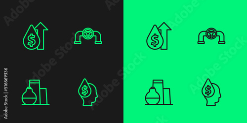 Set line Oil drop with dollar symbol, tank storage, price increase and pipe valve icon. Vector