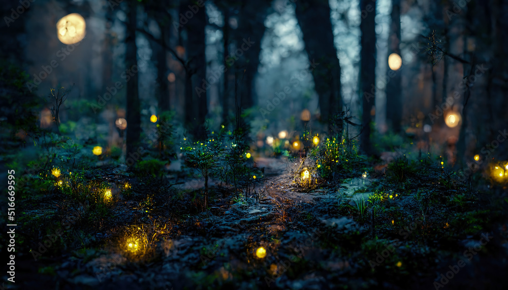 Dark fairytale fantasy forest. Night forest landscape with magical glows. Abstract forest, magic, fantasy, night, lights, neon. 3D illustration. - obrazy, fototapety, plakaty 