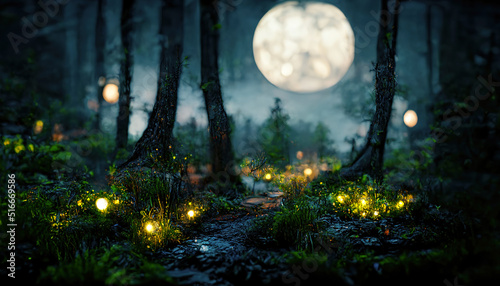 Dark fairytale fantasy forest. Night forest landscape with magical glows. Abstract forest, magic, fantasy, night, lights, neon. 3D illustration. © MiaStendal