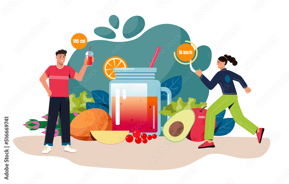 Organic healthy food concept. Young men and women lead healthy lifestyle and prepare smoothies from fresh natural vegetables or fruits. Nutrients and vitamins. Cartoon flat vector illustration Organic healthy food concept. Young men and women lead healthy lifestyle and prepare smoothies from fresh natural vegetables or fruits. Nutrients and vitamins. Cartoon flat vector illustration