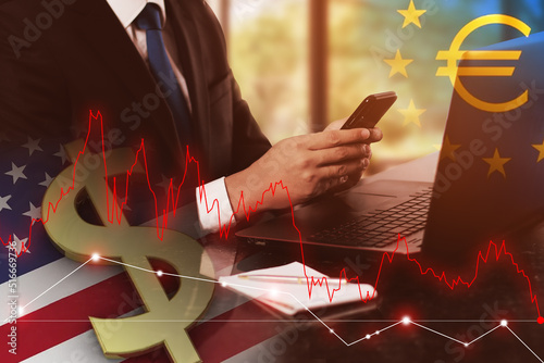 Eurocrash euro falling against usd dollar, Professional trader working on smartphone, 