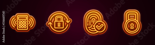 Set line Security keypad access panel, Lock, Fingerprint and . Glowing neon icon. Vector