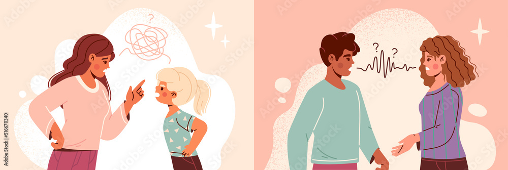 Communication problems concept. Upset couple or mother with child with complicated relationship. Man and woman do not understand each other. Troubles of adults and children. Cartoon flat vector set