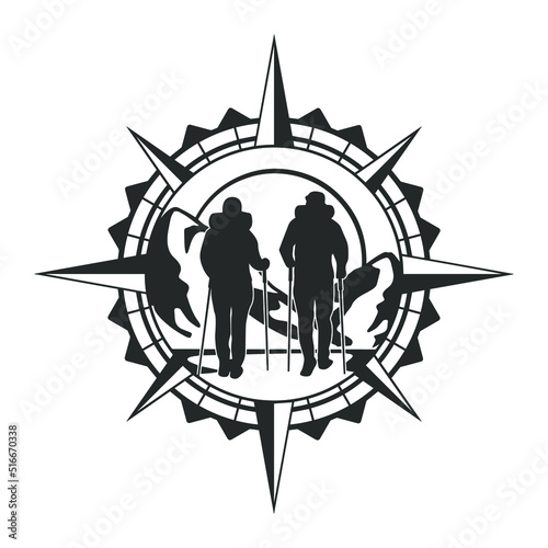 Hiking Couple Illustration Clip Art Design Shape. Compass Adventure Silhouette Icon Vector.