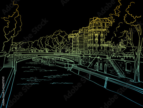 Nice view of old Paris, Notre Dame de Paris and river Seine. Paris, France. Hand drawn sketch. Line art. Ink drawing. Colorful vector background on black. 