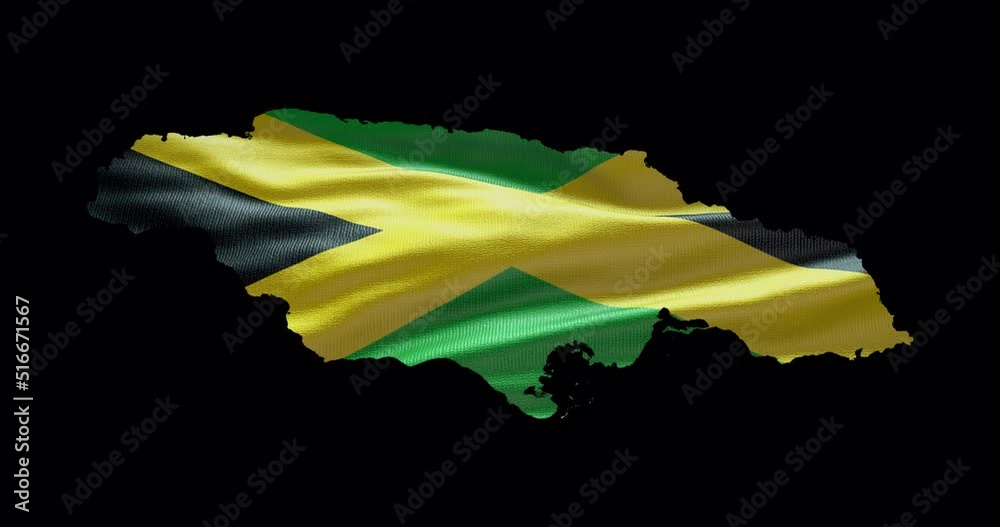 Jamaica outline with waving national flag. Alpha channel background. Country shape with animation