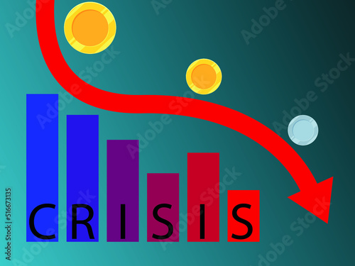Chart with word Crisis, descending red arrow and coins on color background, illustration
