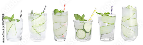Set of glasses with refreshing cucumber water on white background. Banner design