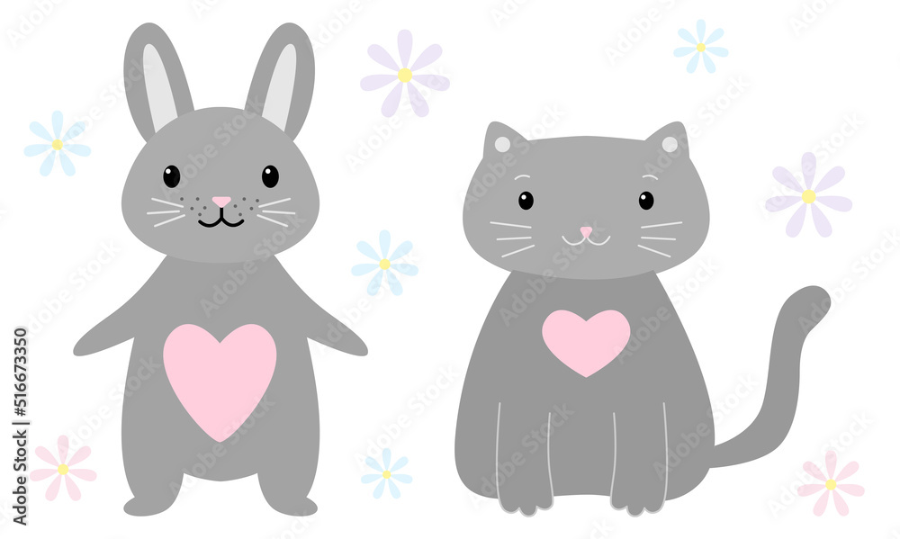 Naklejka premium Gray cat and rabbit are made in the same style with pink hearts on chest. Childrens animals pets for decoration, for web design, for decoration isolated on white background. Vector illustration