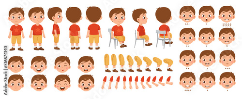 Fototapeta Naklejka Na Ścianę i Meble -  Set of elements for creating boy character animation. Little schoolboy with different emotions, gestures and poses. Arms, legs and other body parts construction. Cartoon flat vector collection