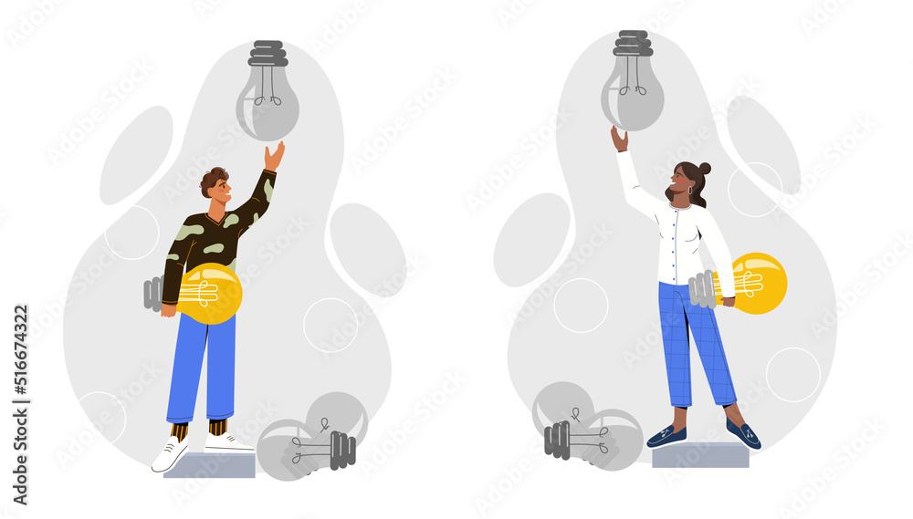 Introduction of innovations. Man and woman entrepreneurs change burned out light bulb to new one. Metaphor for business transformation and new solutions. Cartoon flat vector set isolated on white Introduction of innovations. Man and woman entrepreneurs change burned out light bulb to new one. Metaphor for business transformation and new solutions. Cartoon flat vector set isolated on white