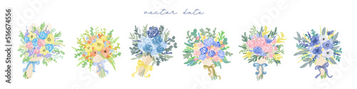 水彩画。水彩タッチの花束セット。手書き風おしゃれな花束のイラストセット。Watercolor. Watercolor touch bouquet set. Illustration set of stylish bouquet of flowers in hand-drawn style.