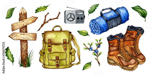 Set of watercolor illustrations of camping pointer, backpack, boots, plaid, radio. For the design of design compositions on the theme of tourism, hiking, outdoor recreation. isolated white background