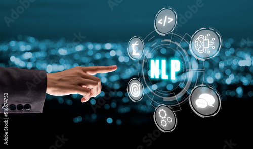 NLP natural language processing cognitive computing technology concept, Business person hand holding VR screen NLP icon with blue bokeh background, AI Artificial intelligence. photo