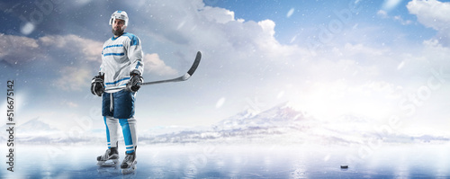 Canvas Print Professional ice hockey player in the mountains