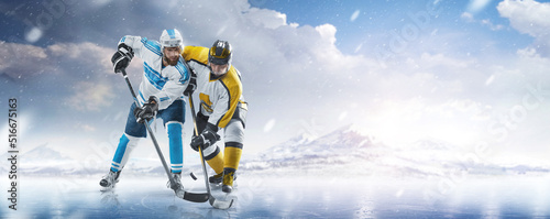 Canvas Print Two professional hockey players fight for the puck on ice