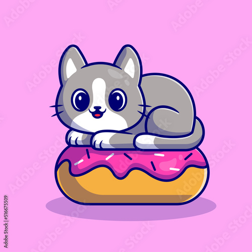 Cute Cat With Doughnut Cartoon Vector Icon Illustration. Animal Food Icon Concept Isolated Premium Vector. Flat Cartoon Style