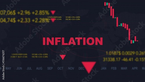 Rising inflation. Alert word inflation on a world map background with numbers, prices, currency, percentages, rising charts, graphs and lines. Concept loop animation dollar and euro exchange rate