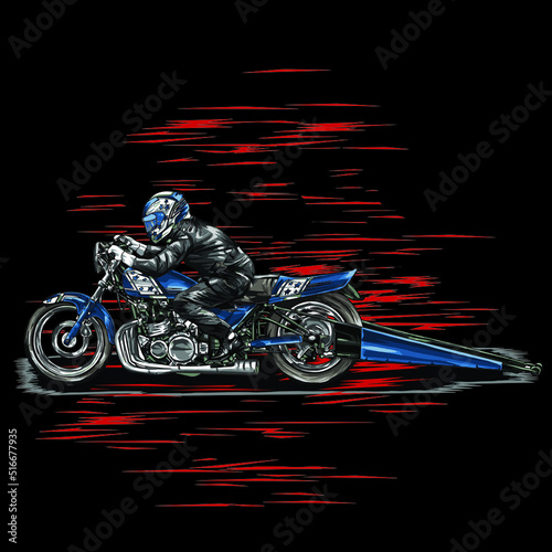 drag racing motorcycle on black background for poster, t-shirt print, business element, social media content, blog, sticker, vlog, and card. vector illustration.