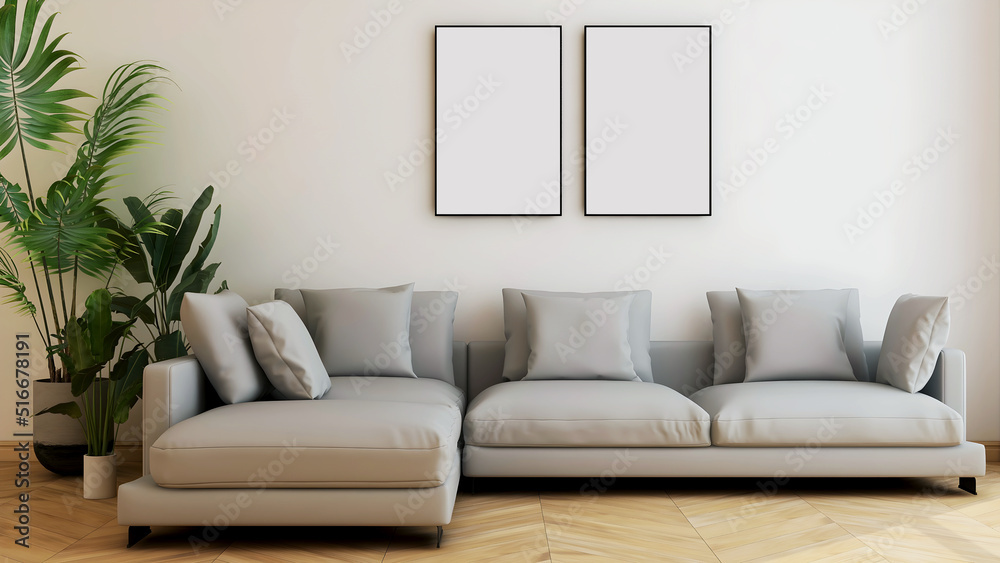 Fototapeta premium Room with big grey sofa and pillows, plant, wooden floor, and 2 empty frames. 3d illustration. 3d rendering