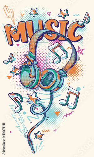Music design - drawn musical headphones, notes and clef