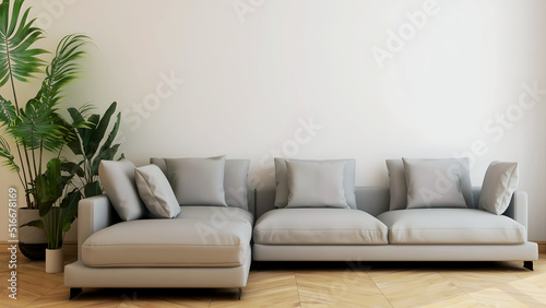 Room with big grey sofa and pillows, plant, wooden floor, and empty wall. 3d illustration. 3d rendering © ArtantiAyu