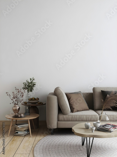 A part of khaki sofa and pillows, tables, plant, hanging bamboo lamp. 3d illustration. 3d rendering