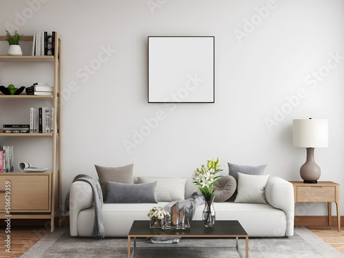 Mid-century mockup room with a square empty frame, 2 white sofa and pillows, table lamp, table, and wooden bookshelves. 3d illustration. 3d rendering