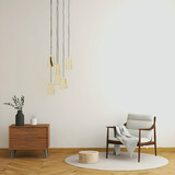 Mid century mockup room with an empty wall, yellow hanging lamps, desk, and white chair. 3d illustration. 3d rendering