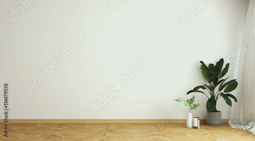 Room with empty wall, wooden floor, plants, and curtain. 3d illustration. 3d rendering