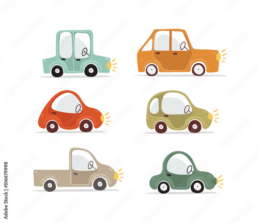 Set of different cute car icons, kids illustration for boys, safety on the road. Flat cartoon electric cars naive design. Vector isolated on white background.