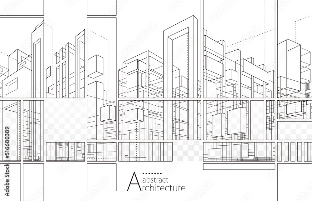 3D illustration Imagination architecture building construction perspective design, abstract modern urban building out-line black and white drawing.