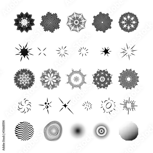 A large set of New Year's snowflakes, lights, salute elements and various decorative signs. Abstract fractal signs for design in vector. Circular decorative flares and lights on a white background. Ve