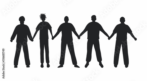 Black silhouettes of men. Men holding hands. Stronger together concept. Men's community. Male solidarity. Different men silhouettes. Vector illustration.