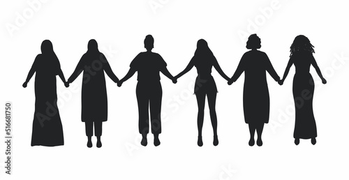 Black silhouettes of women. Women holding hands. International Women's Day concept. Women's community. Female solidarity. Different women silhouettes. Vector illustration.