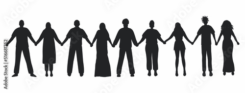 Black silhouettes of men and women. People holding hands. Stronger together concept. Solidarity of different men and women. Different human silhouettes. Vector illustration photo