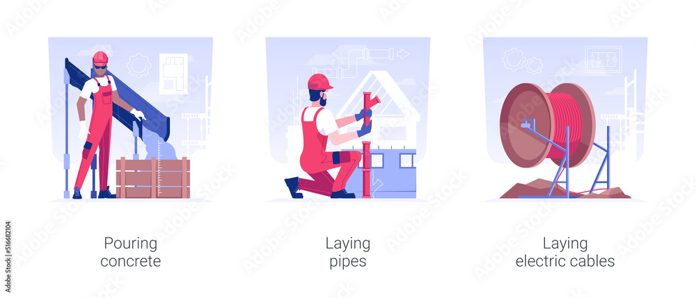 Residential building utilities installation isolated concept vector illustration set. Pouring concrete, laying pipes and electric cables, water supply and sewerage, contractors job vector cartoon.