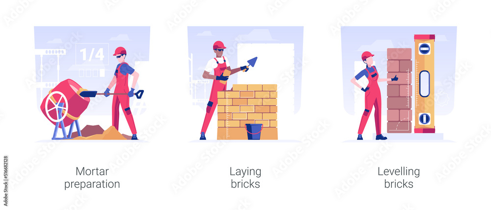 Masonry in private house building isolated concept vector illustration set. Mortar preparation, laying and levelling bricks, brickwork and block work, hire contractor vector cartoon.