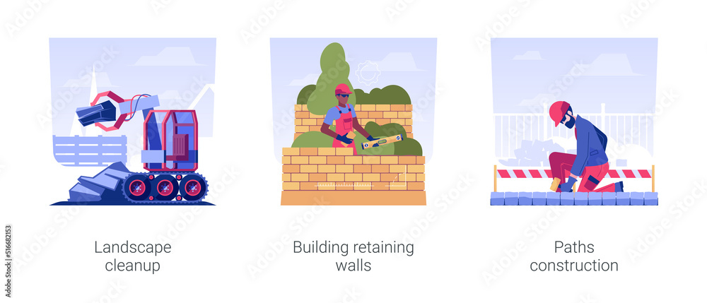 Hard landscaping works isolated concept vector illustration set. Landscape cleanup and debris removal, building retaining walls, paths construction, territory improvement vector cartoon. Hard landscaping works isolated concept vector illustration set. Landscape cleanup and debris removal, building retaining walls, paths construction, territory improvement vector cartoon.